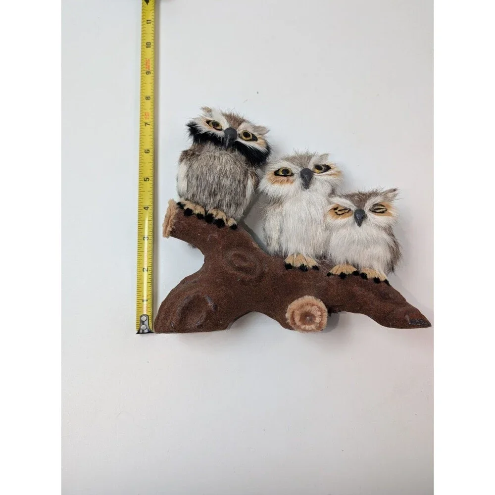 Rustic Owl Figurine Trio on Wood Branch Base Cabin Decor 3 Owls Folk Art